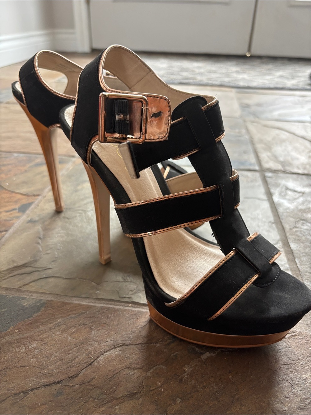 Aldo Black Heeled Sandals with Rose Gold Trim